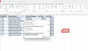 Pivot table from products table dialog box in Excel.