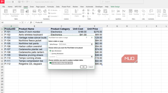 Pivot table from products table dialog box in Excel.