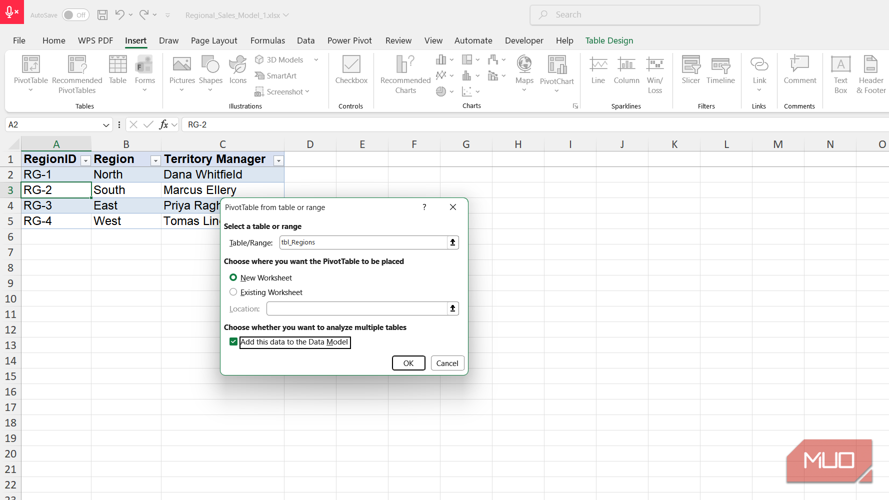 Pivot table from regions table dialog box in Excel.