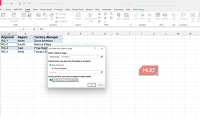 Pivot table from regions table dialog box in Excel.