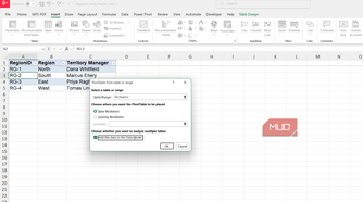 Pivot table from regions table dialog box in Excel.