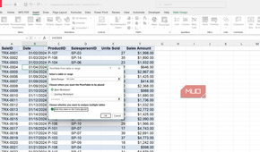 Pivot table from sales table dialog box in Excel.