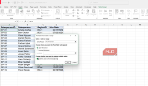 Pivot table from salespeople table dialog box in Excel.
