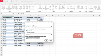 Pivot table from salespeople table dialog box in Excel.