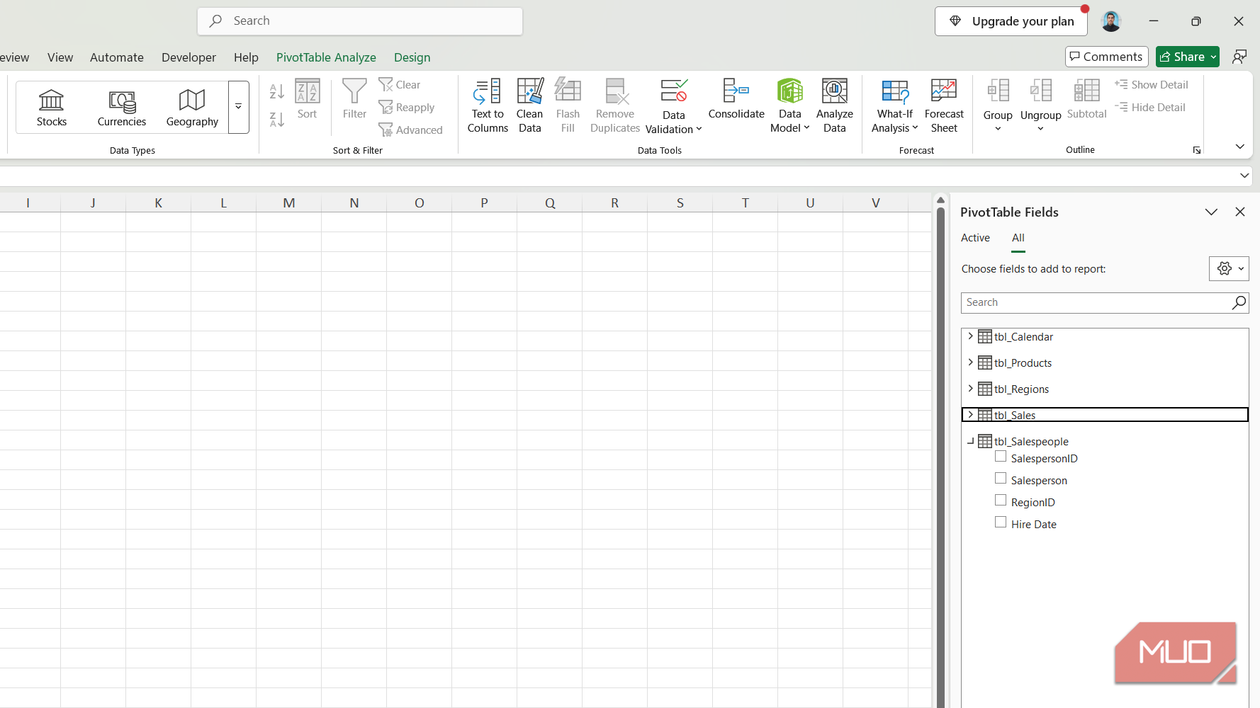 PivotTable Fields in Excel.