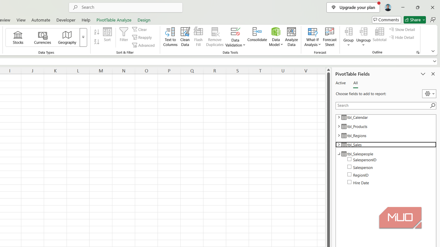 PivotTable Fields in Excel.