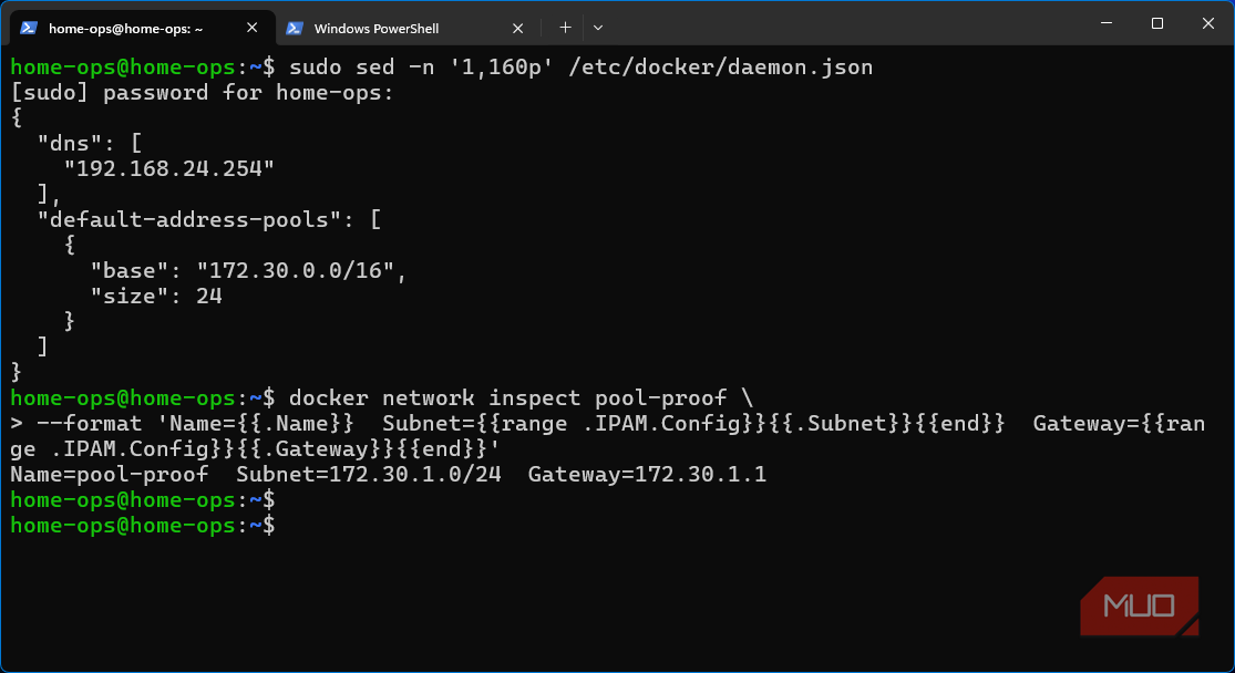 Скриншот с настройкой подсетей и пула адресов для Docker