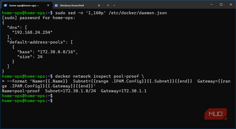 Creating the planned 172.30.0.0/16 Docker address pool in daemon.json