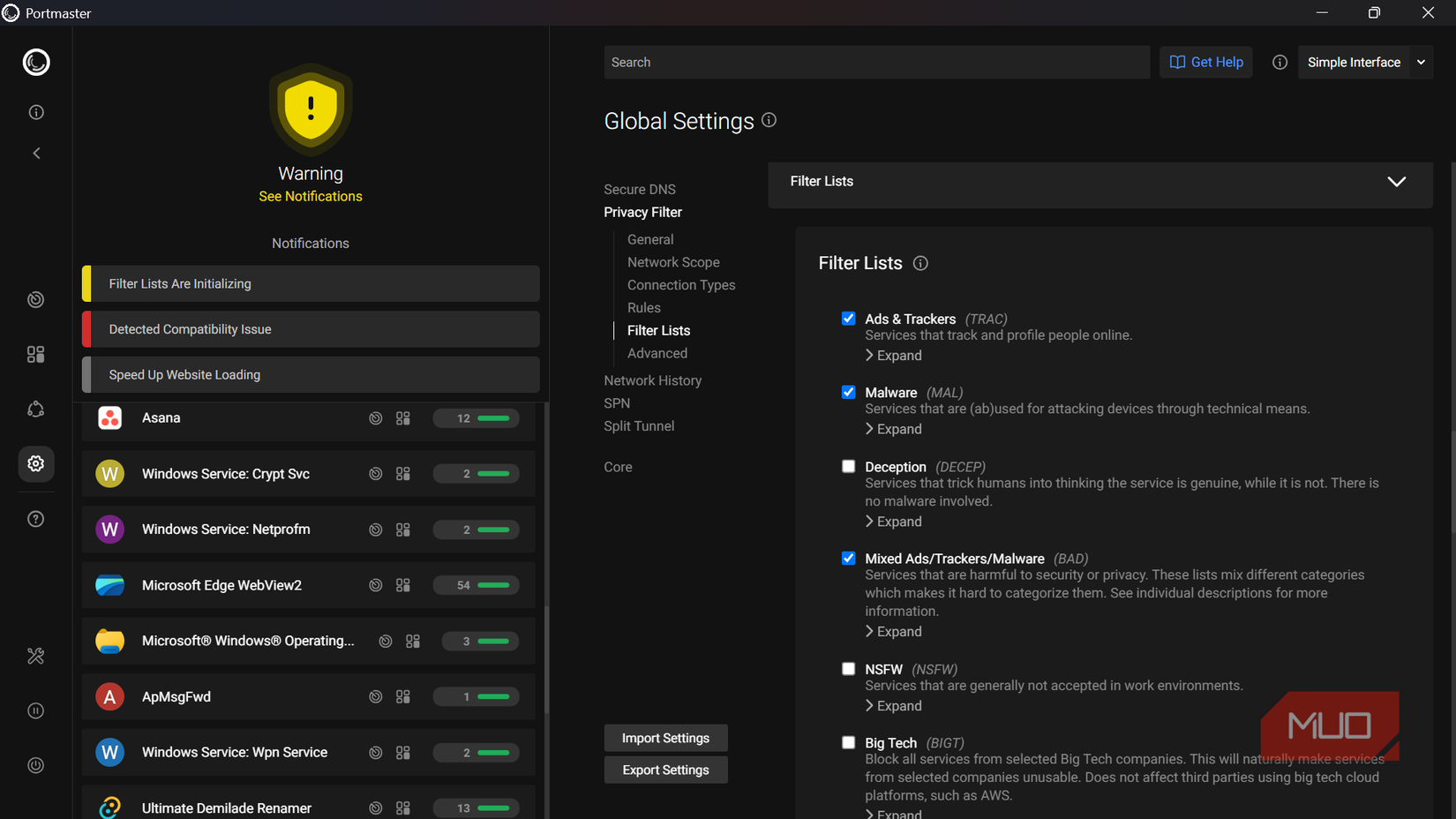 Portmaster app global settings and filter lists