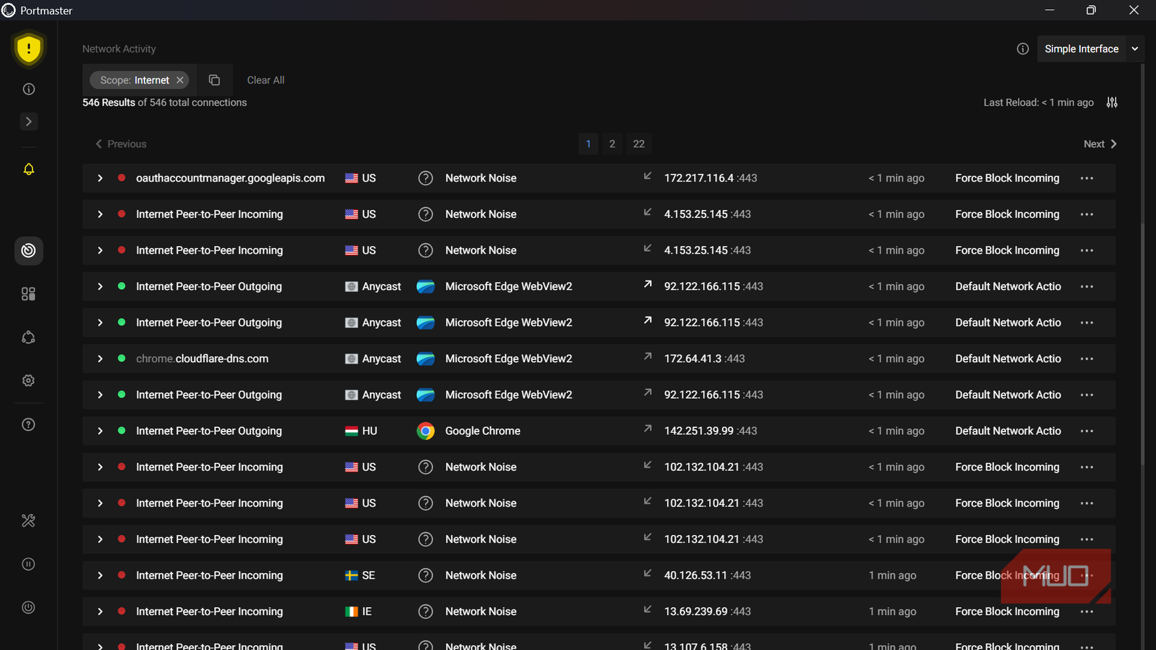 Portmaster app showing network activity connections list