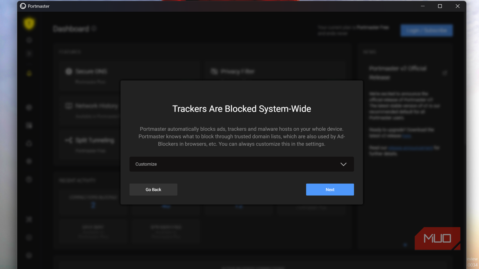 Portmaster app showing system-wide tracker blocking notification