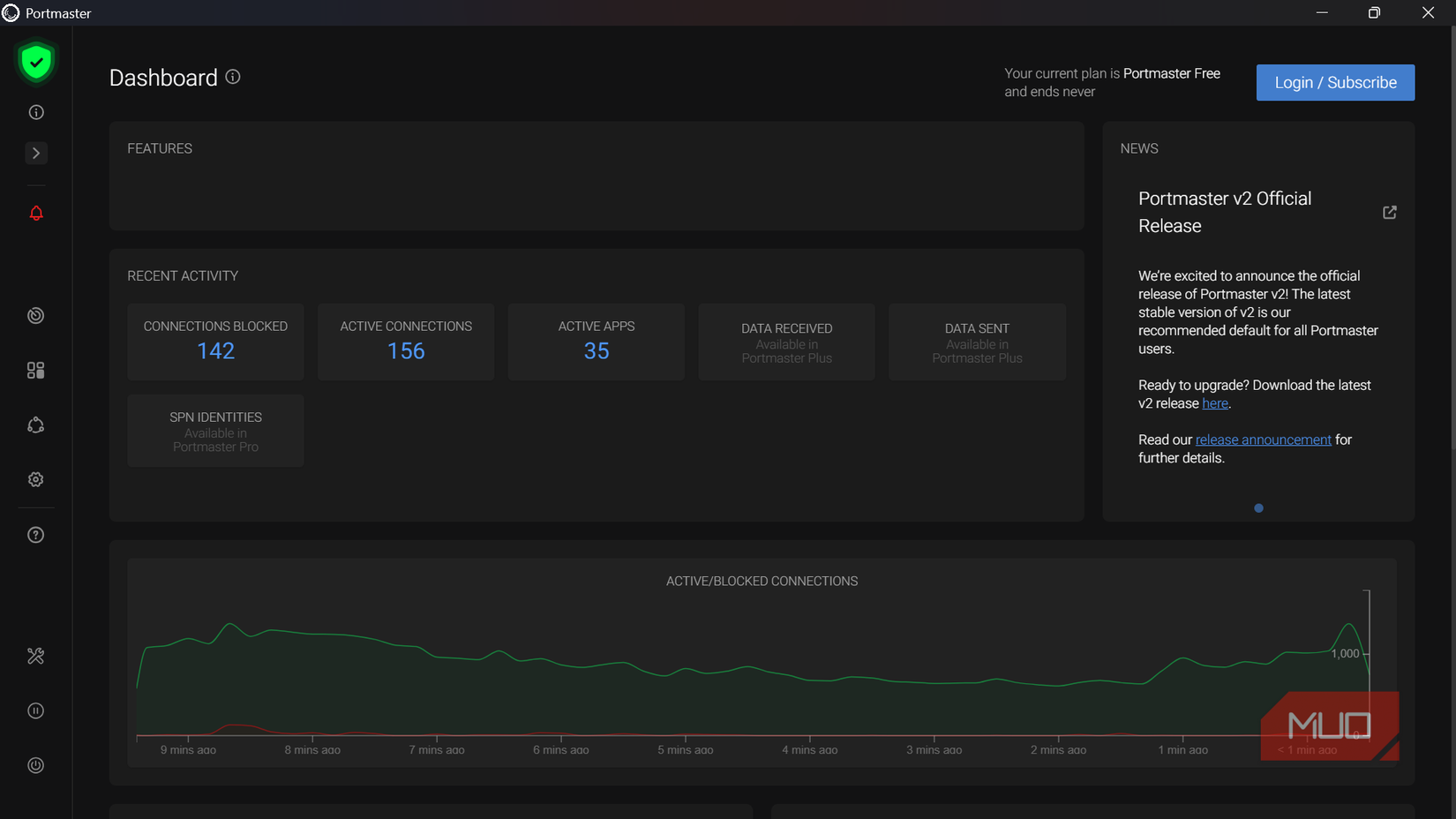 Portmaster application dashboard showing recent network activity
