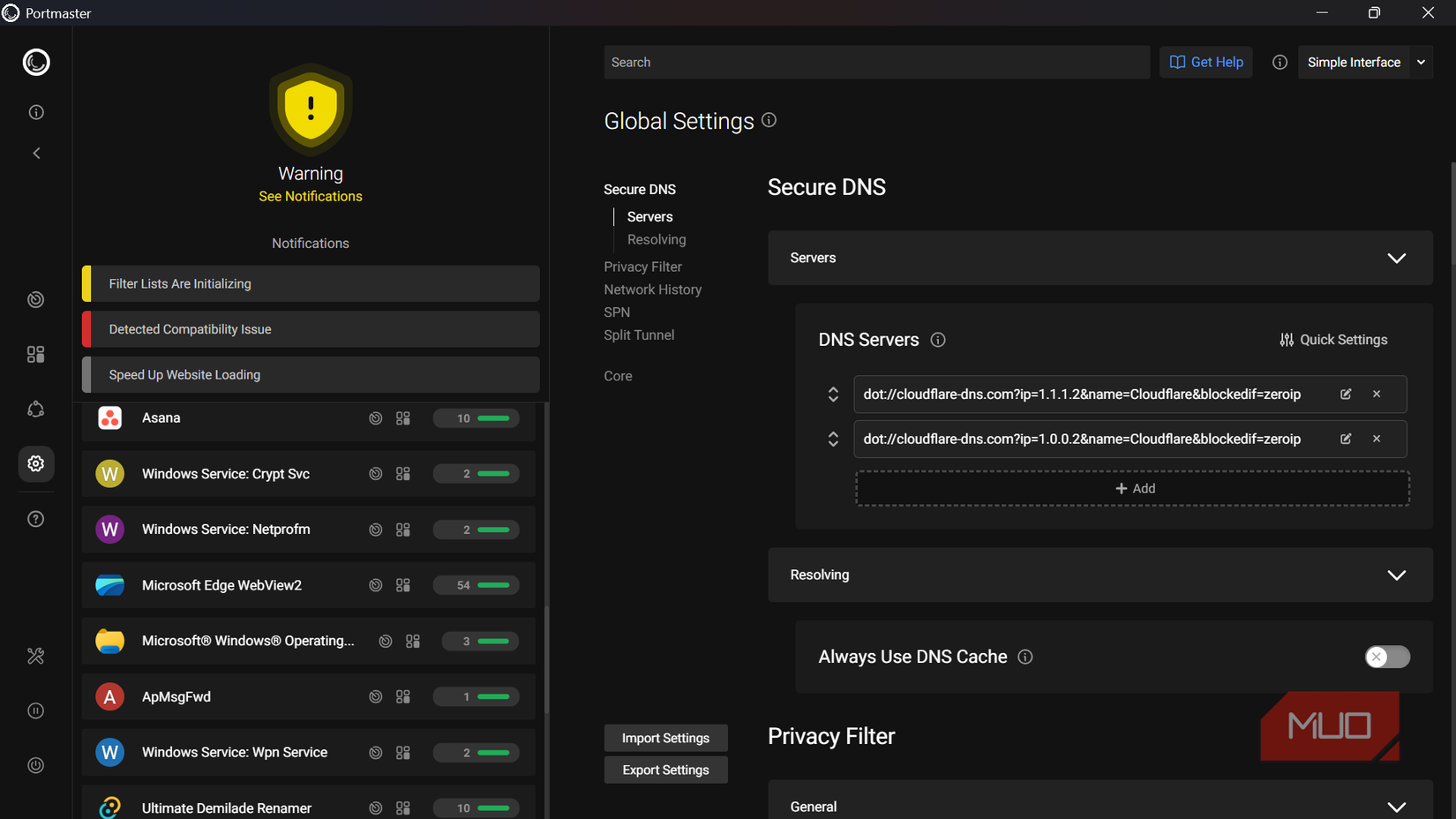 Portmaster application showing global settings and secure dns
