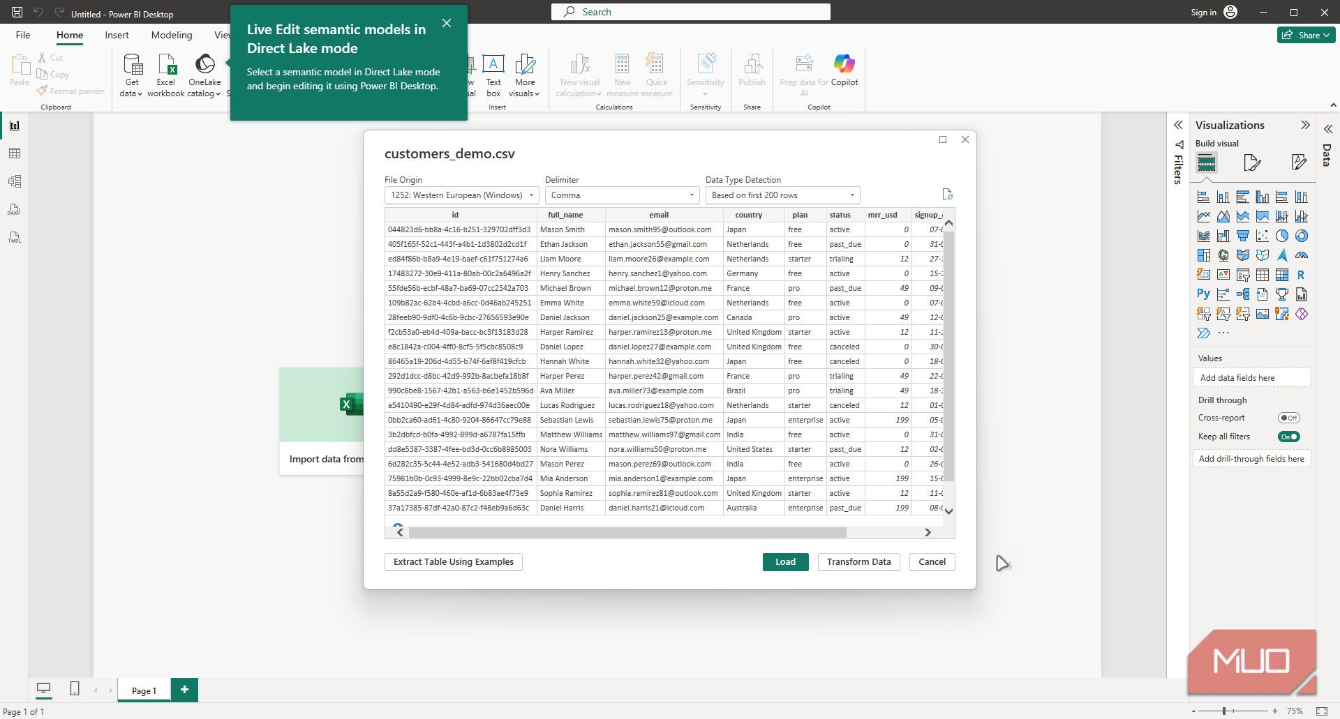 Power Bi desktop data import screen.