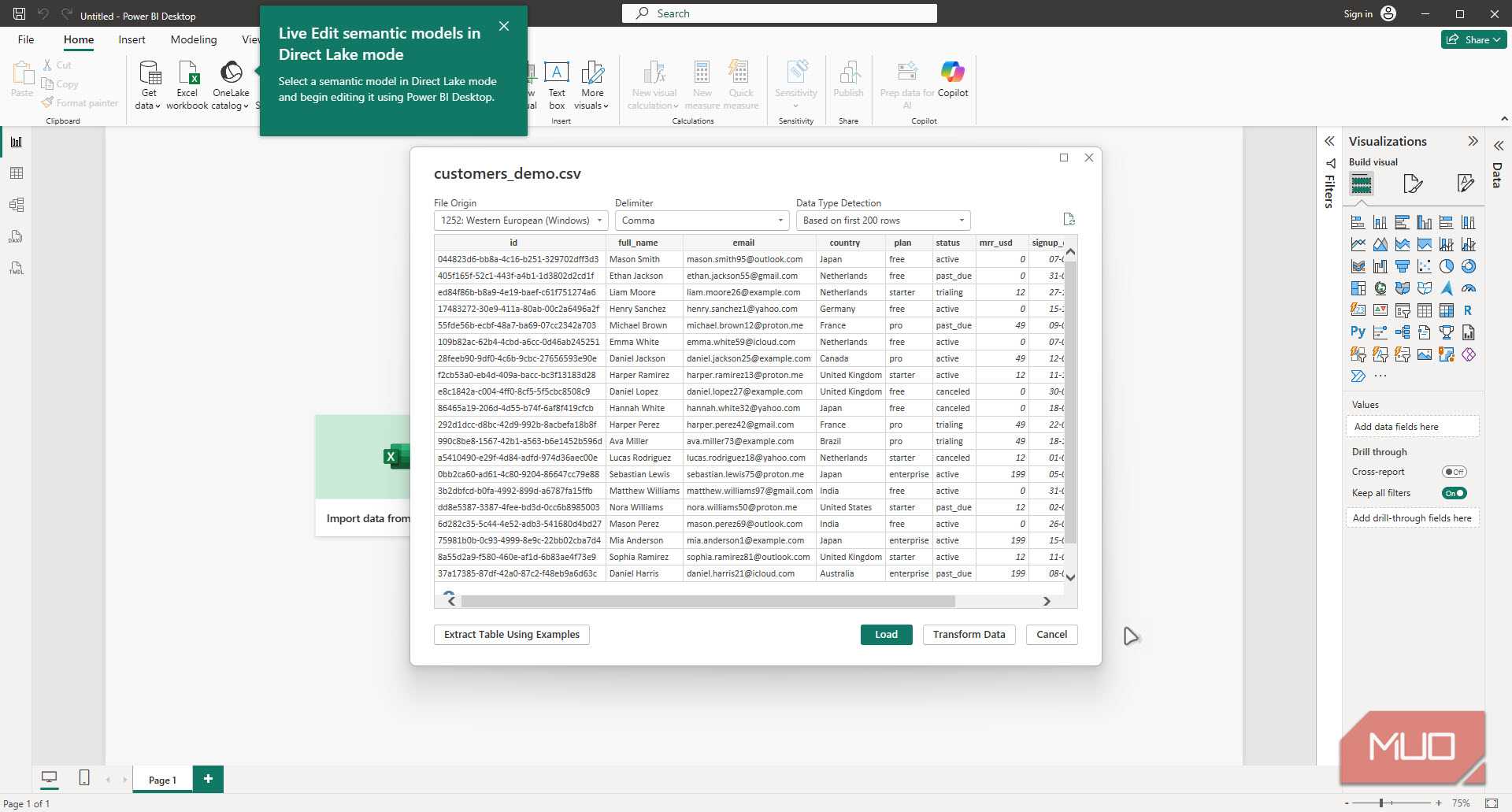 Power Bi desktop data import screen.