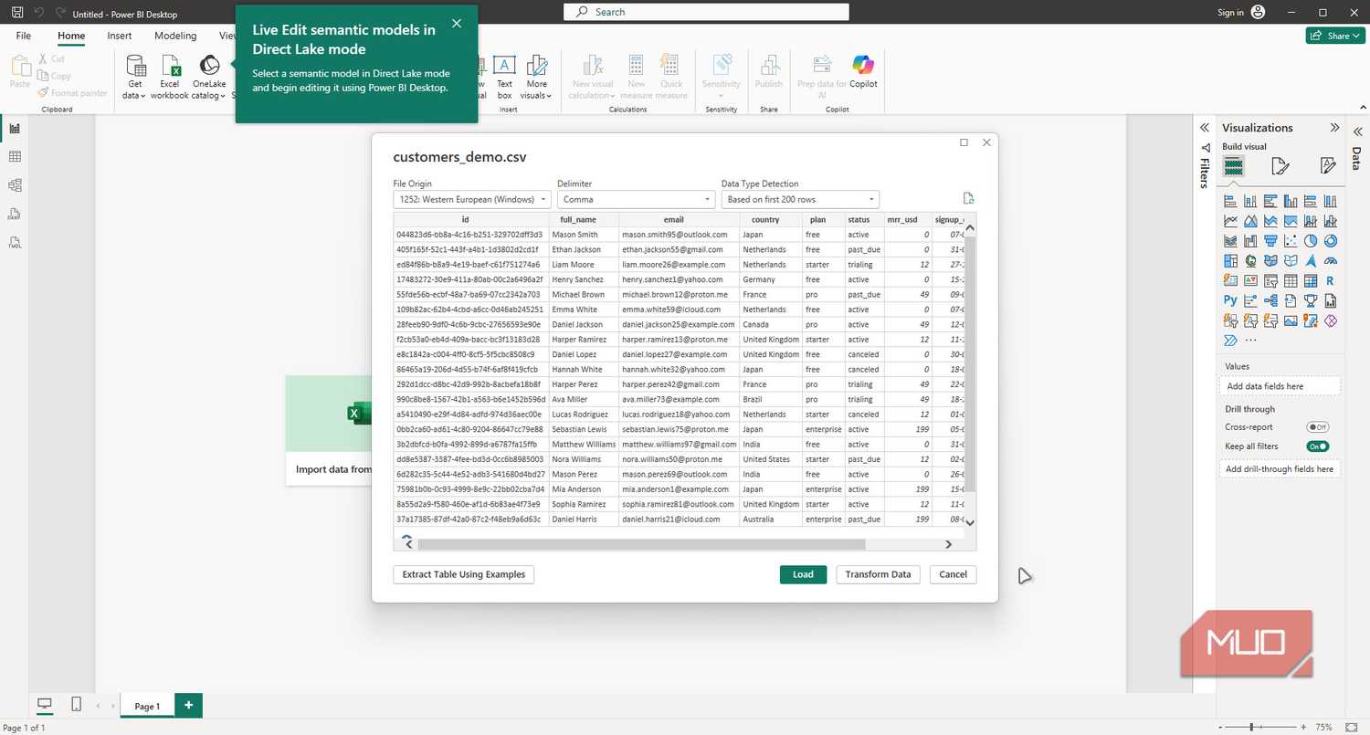 Power Bi desktop data import screen.