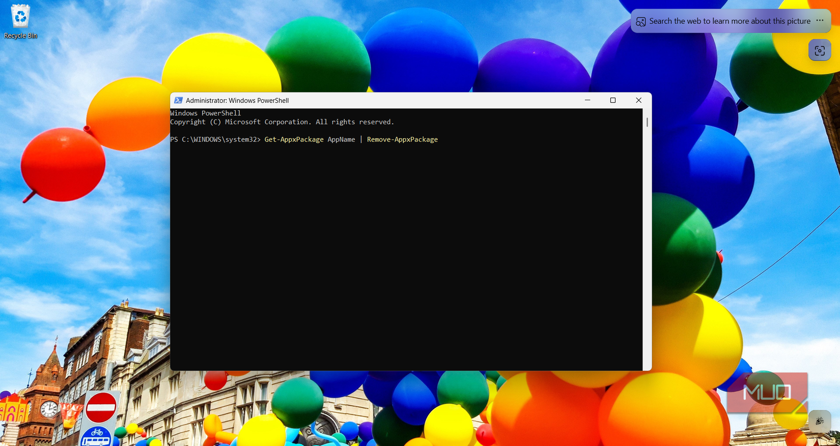 PowerShell command for removing a Windows app package