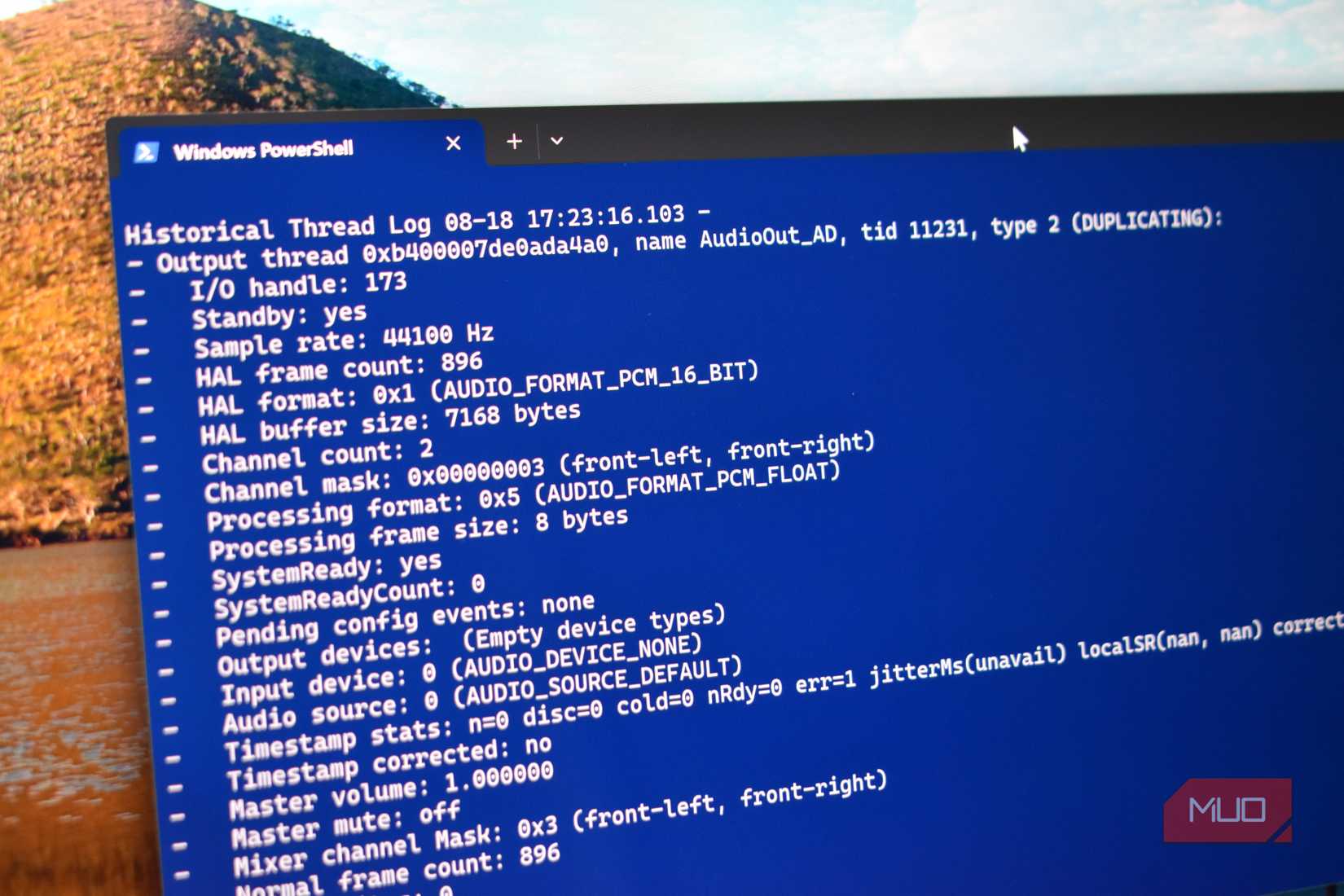 powershell window showing audio samping on android smartphone.