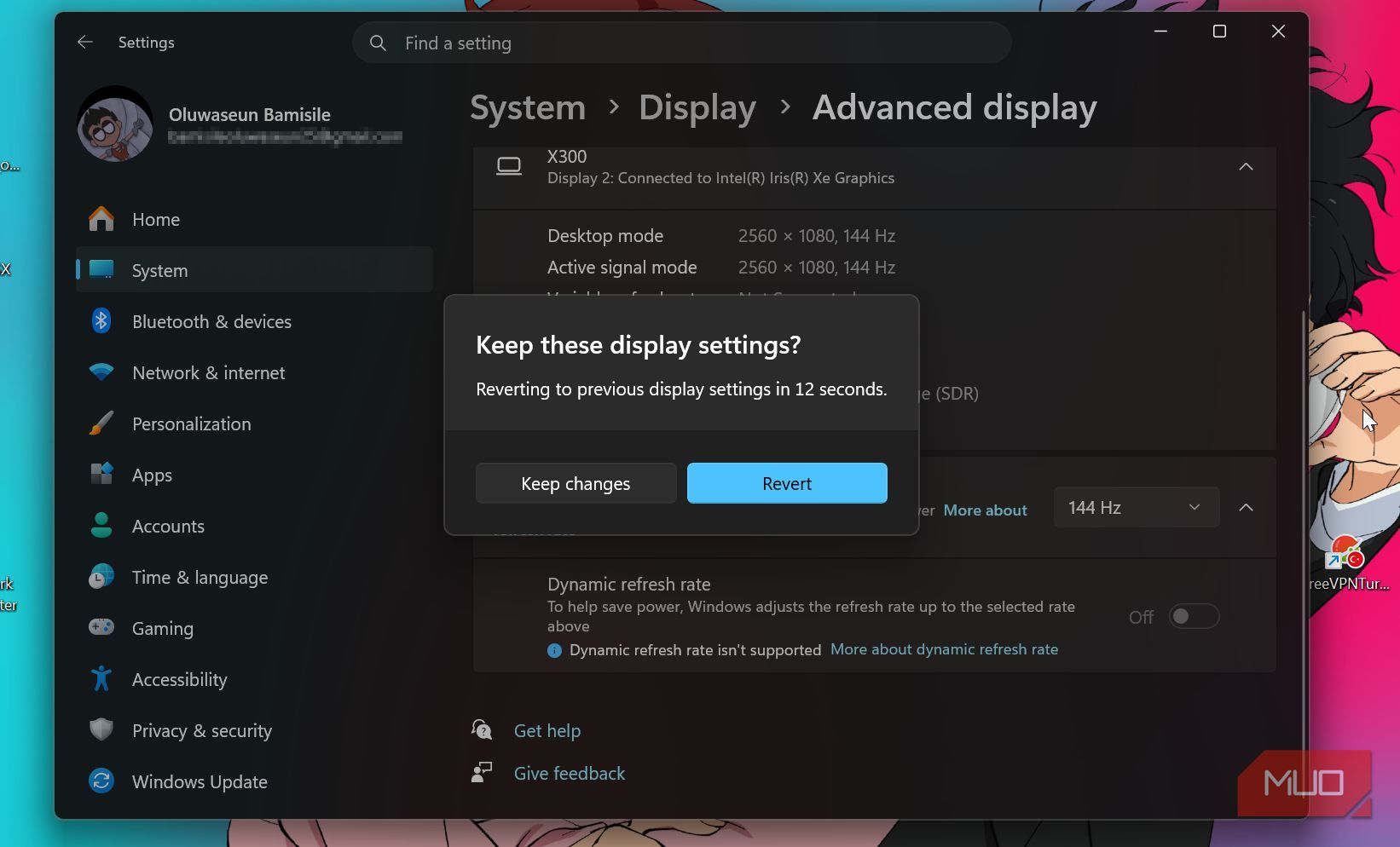 Prompt to keep display settings or not