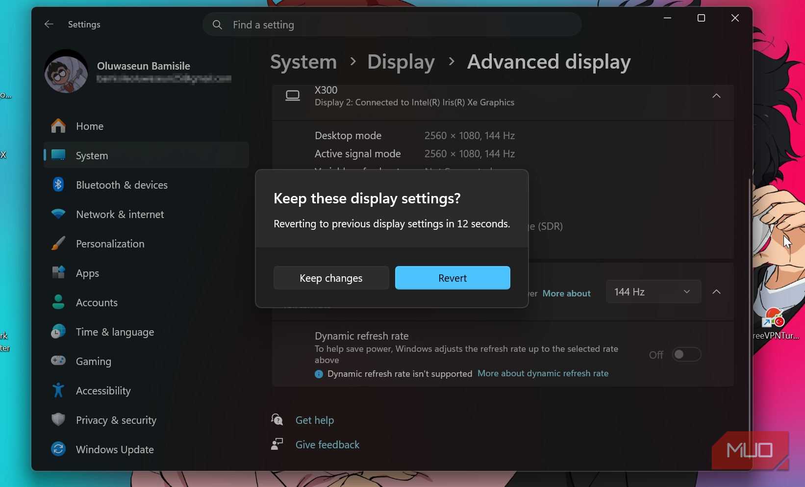 Prompt to keep display settings or not