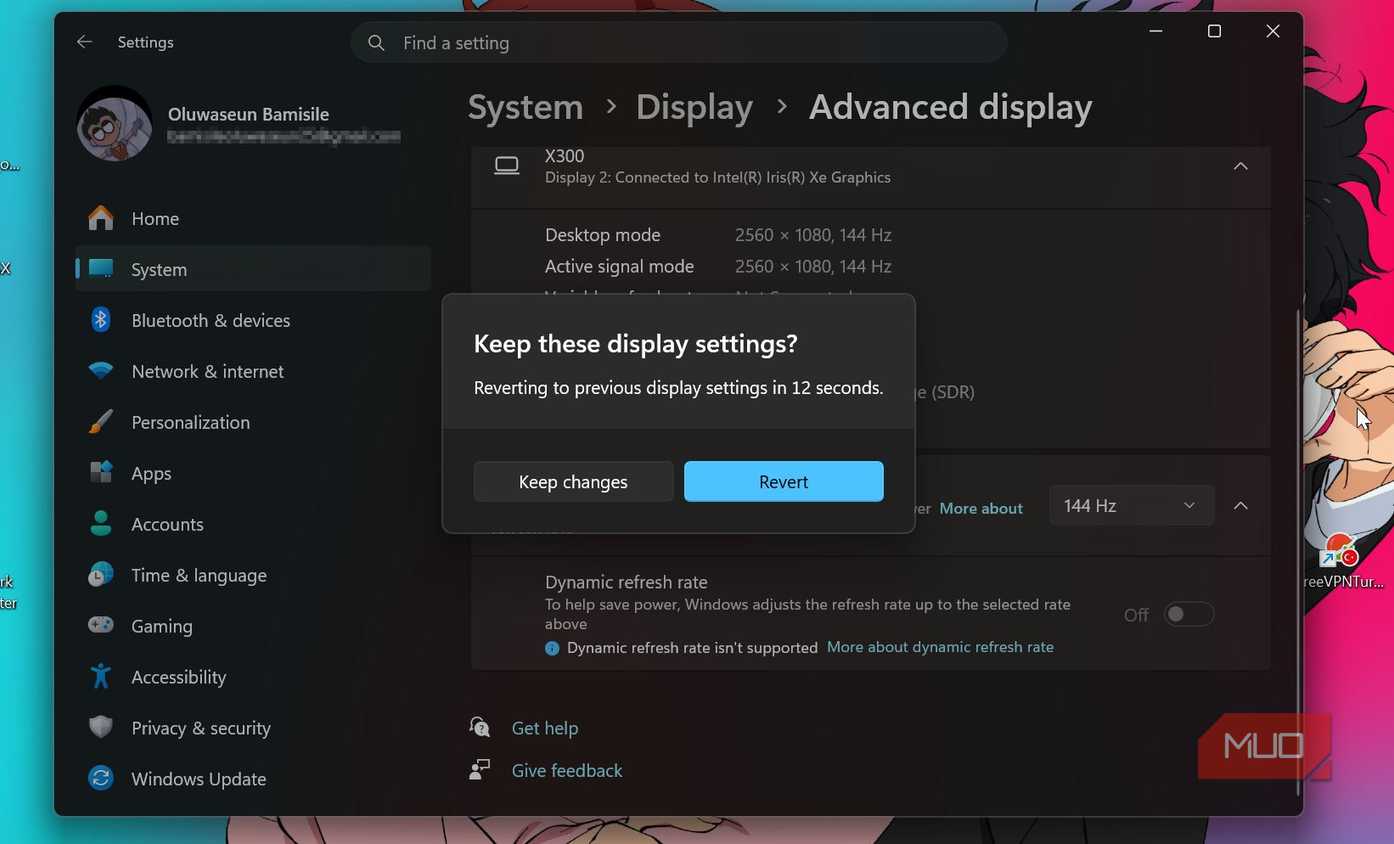 Prompt to keep display settings or not
