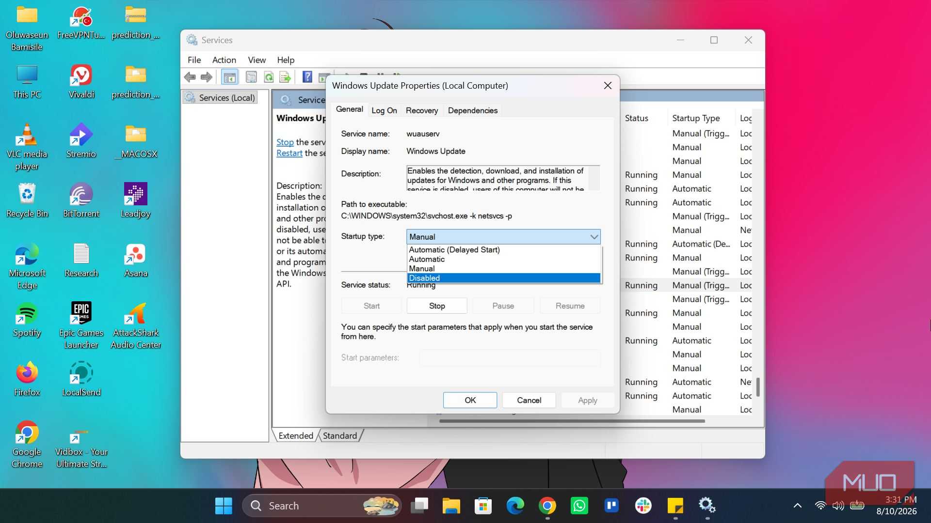 Properties of Windows Update service