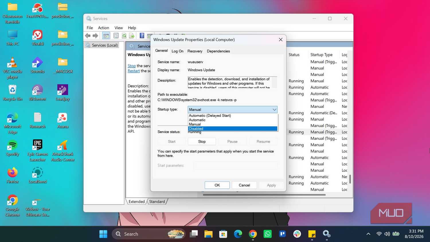 Properties of Windows Update service