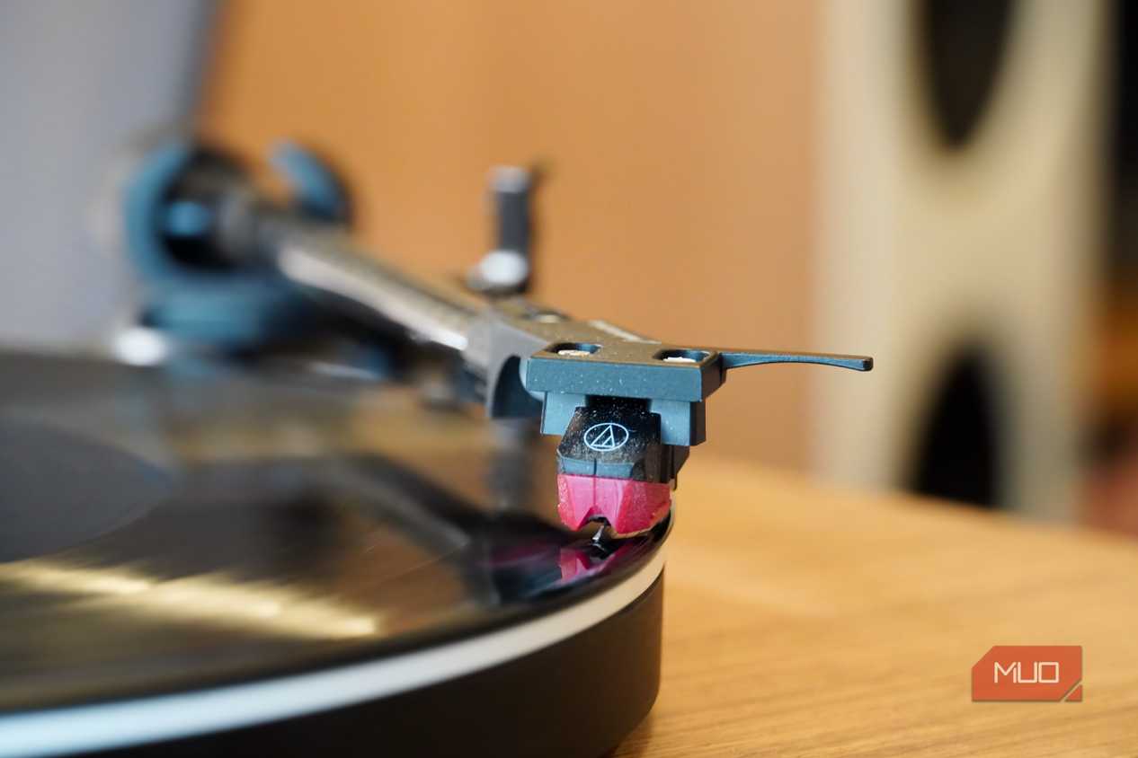 The turntable stylus on a record.
