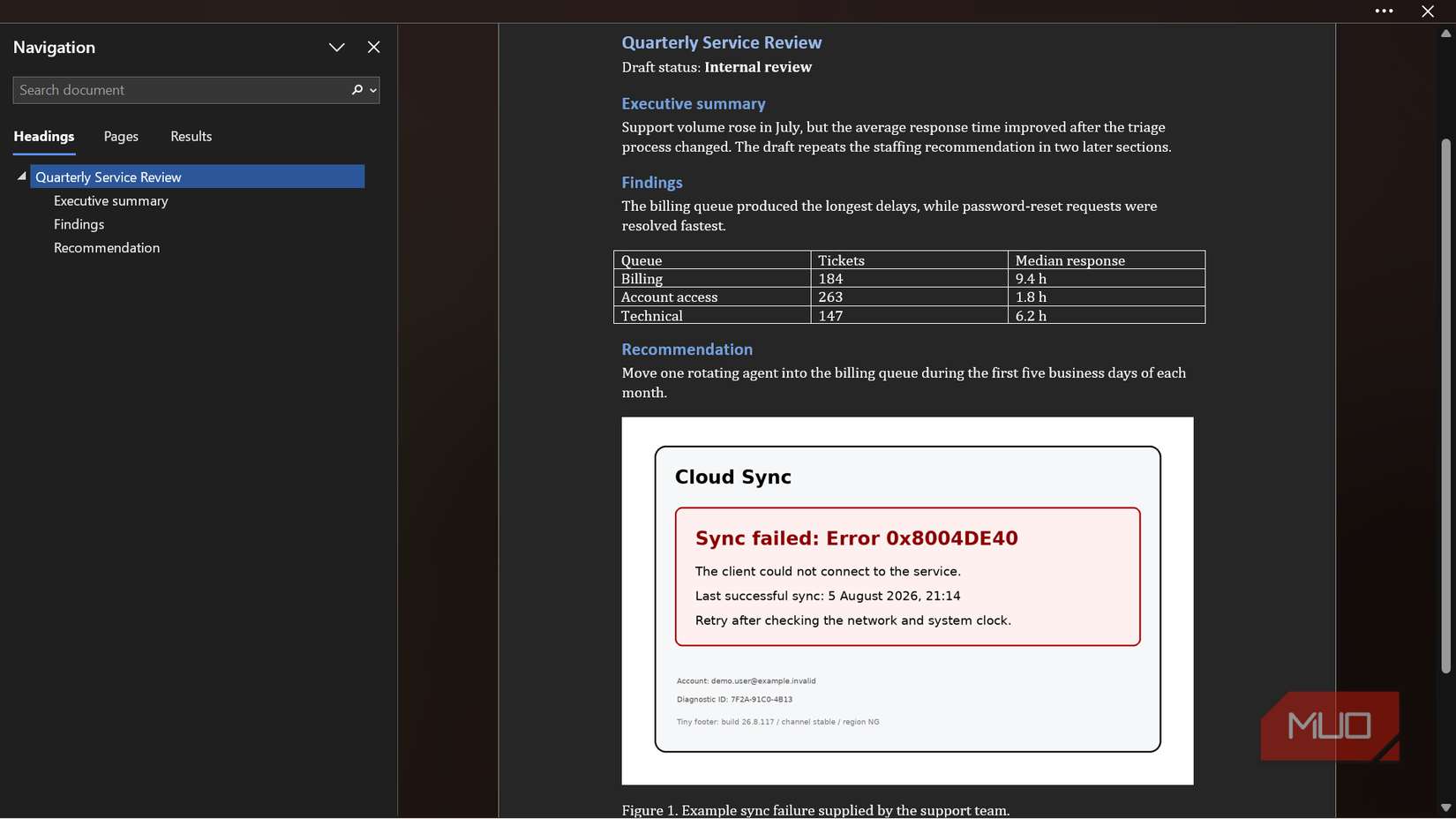 Quarterly service review document with cloud sync error