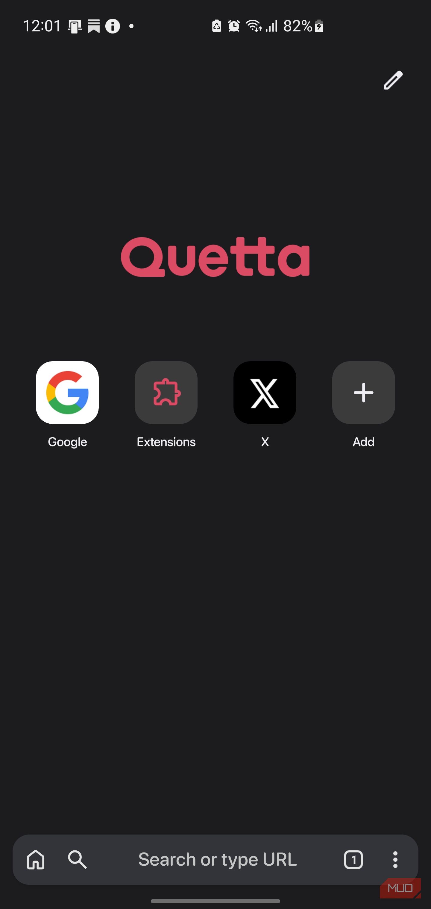 Quetta home page with the prominent Extensions shortcut.