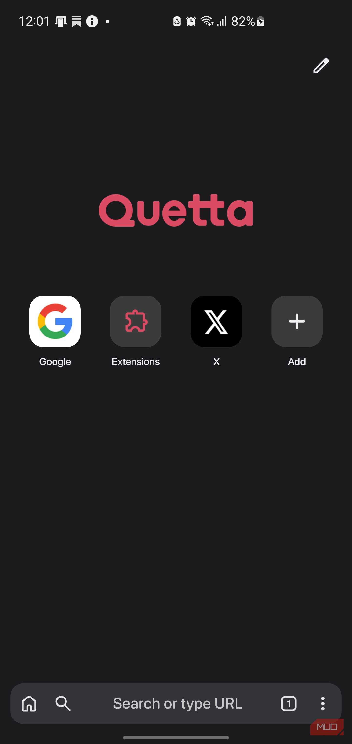Quetta home page with the prominent Extensions shortcut.