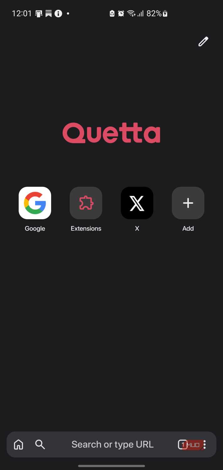 Quetta Browser — приватный браузер для Android с поддержкой расширений Chrome Quetta home page with the prominent Extensions shortcut.