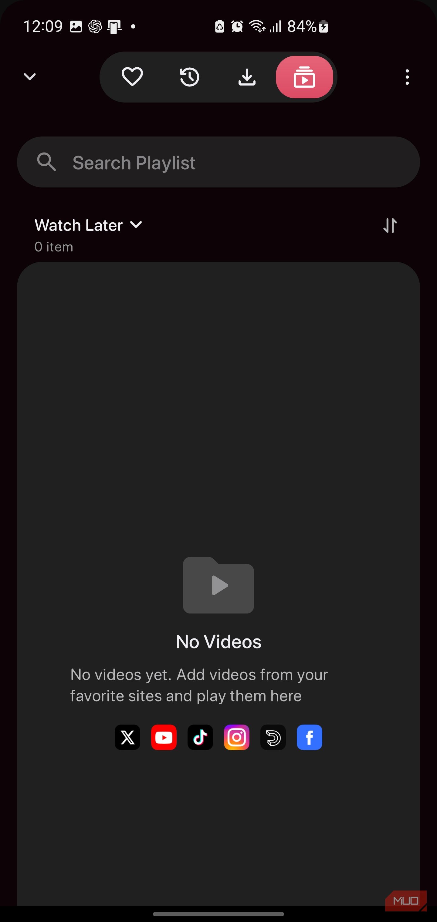 Quetta's Playlist screen, with X, YouTube, TikTok, Instagram and Facebook icons along the bottom.