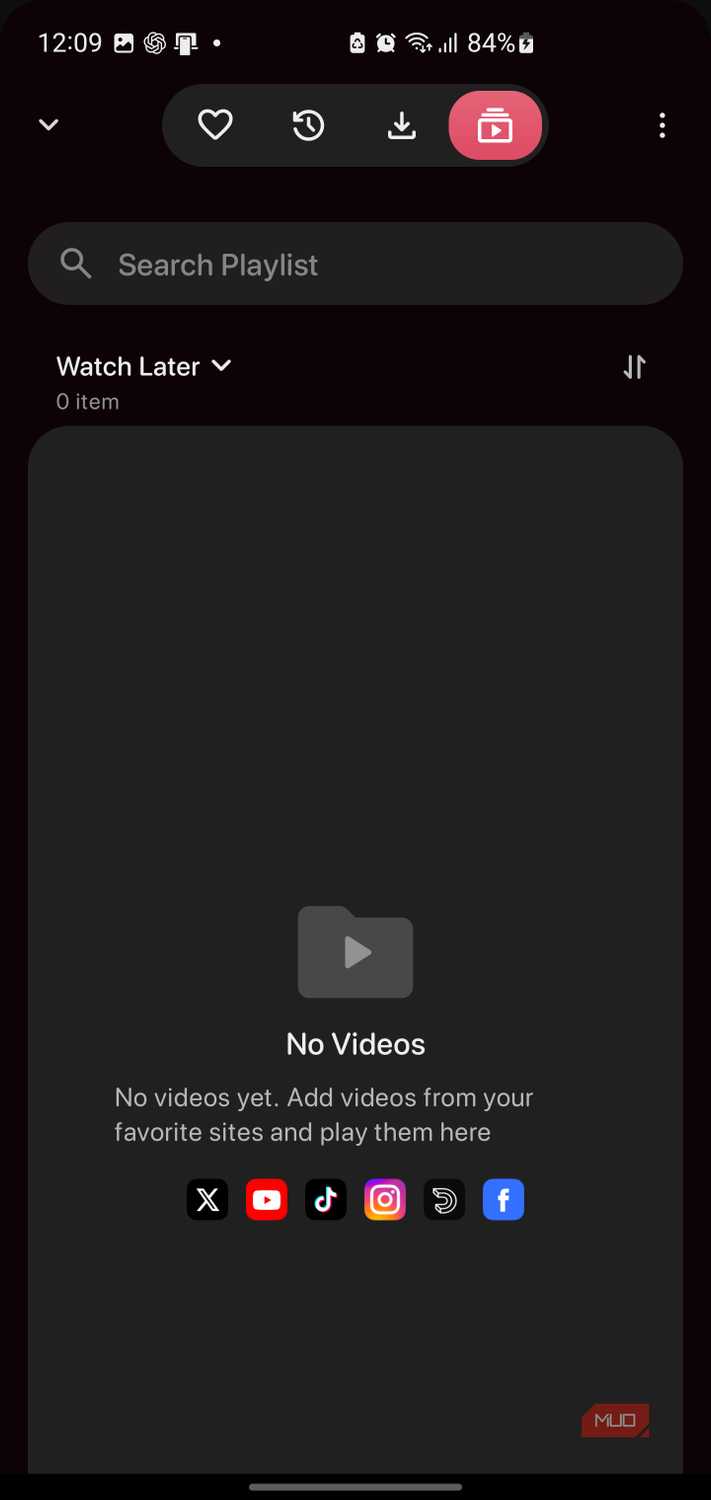Quetta Browser — приватный браузер для Android с поддержкой расширений Chrome Quetta's Playlist screen, with X, YouTube, TikTok, Instagram and Facebook icons along the bottom.