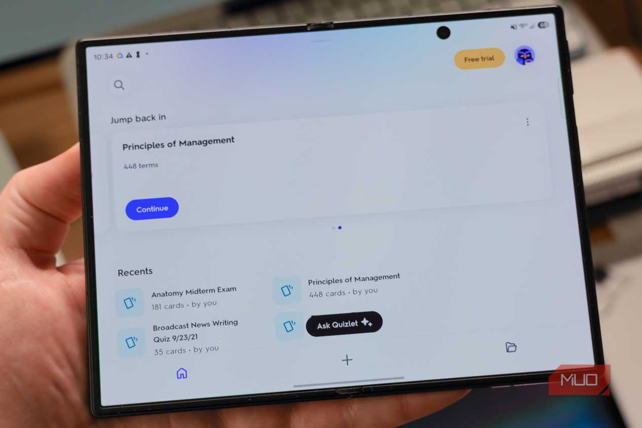 The Quizlet app homepage on a Galaxy Z Fold 8.