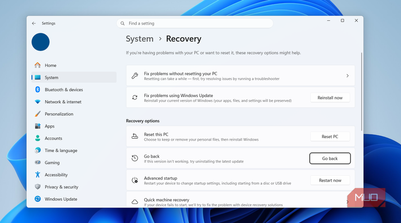 Recovery settings on Windows