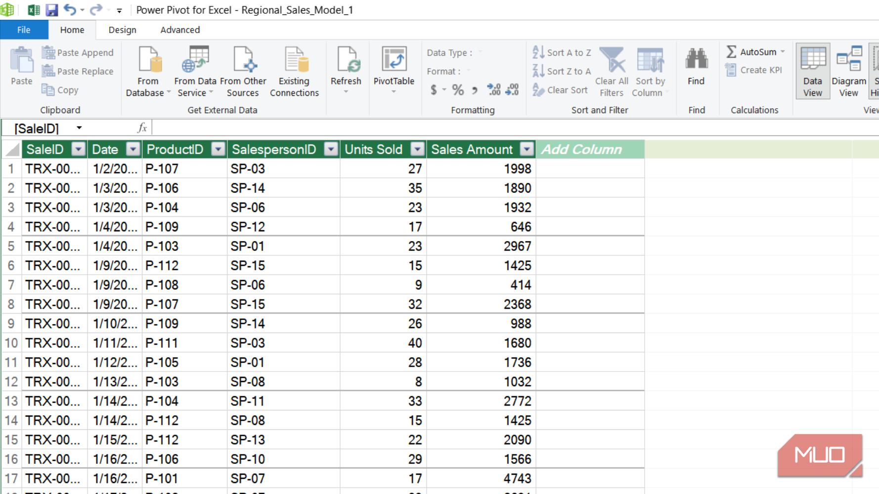 Regional sales power pivot model in Excel.
