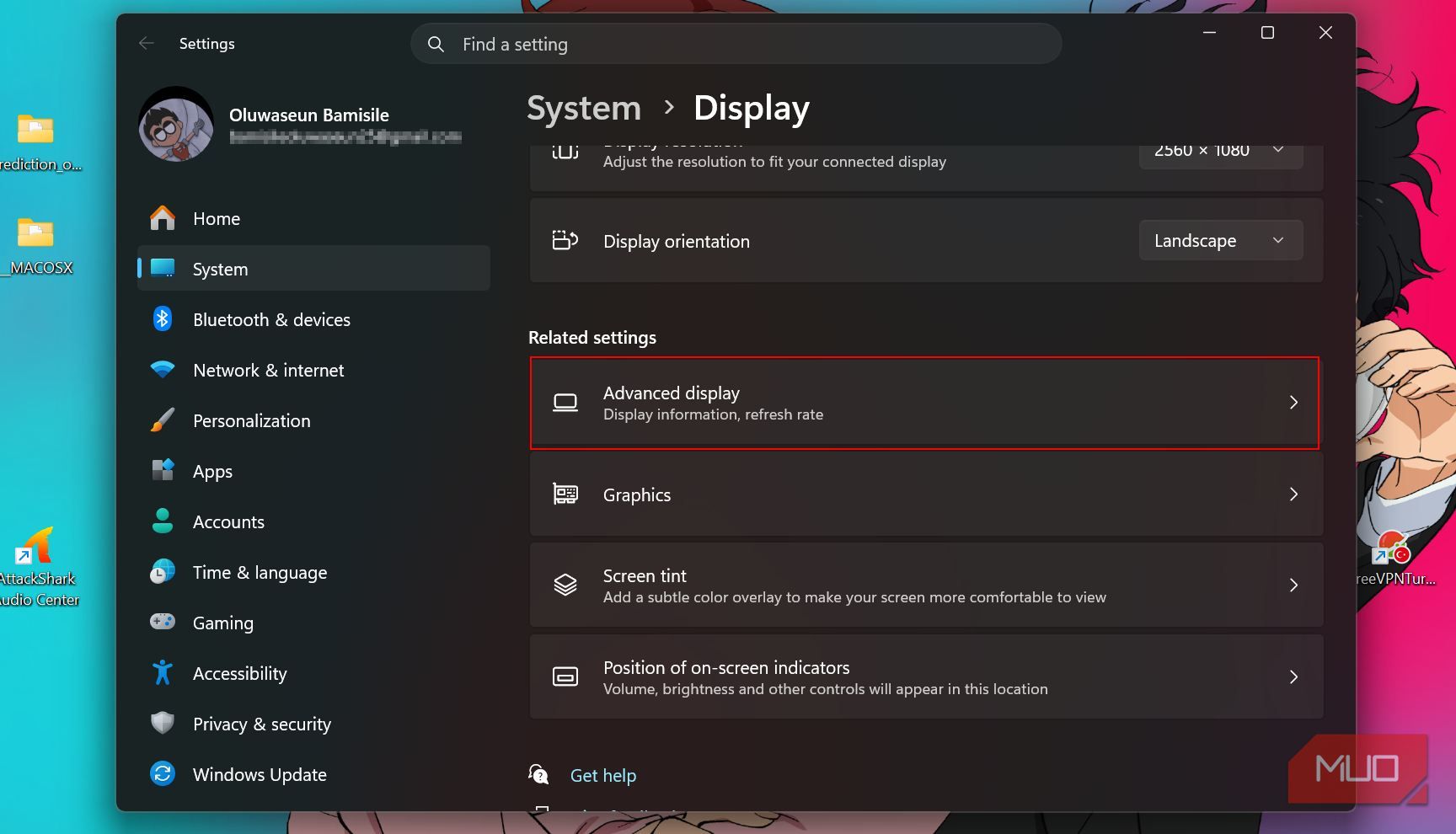 Related settings section in Windows display setting