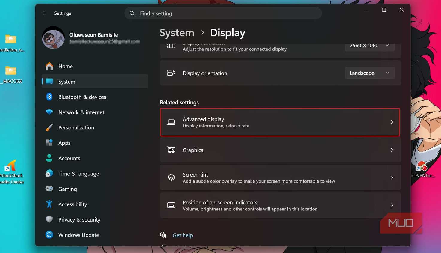 Related settings section in Windows display setting