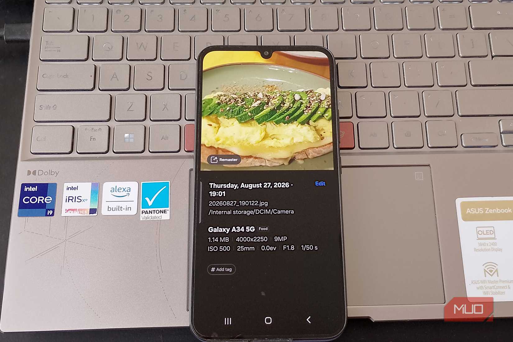 Samsung Gallery photo details screen showing the Remaster button for an avocado toast photo taken on a Galaxy A34 5G