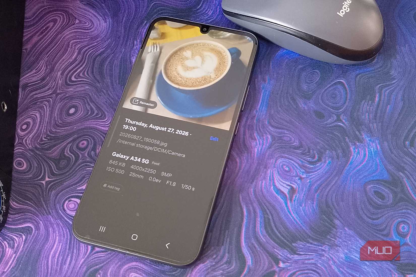 Samsung Gallery photo details screen showing the Remaster button for a coffee photos taken on a Galaxy A34 5G