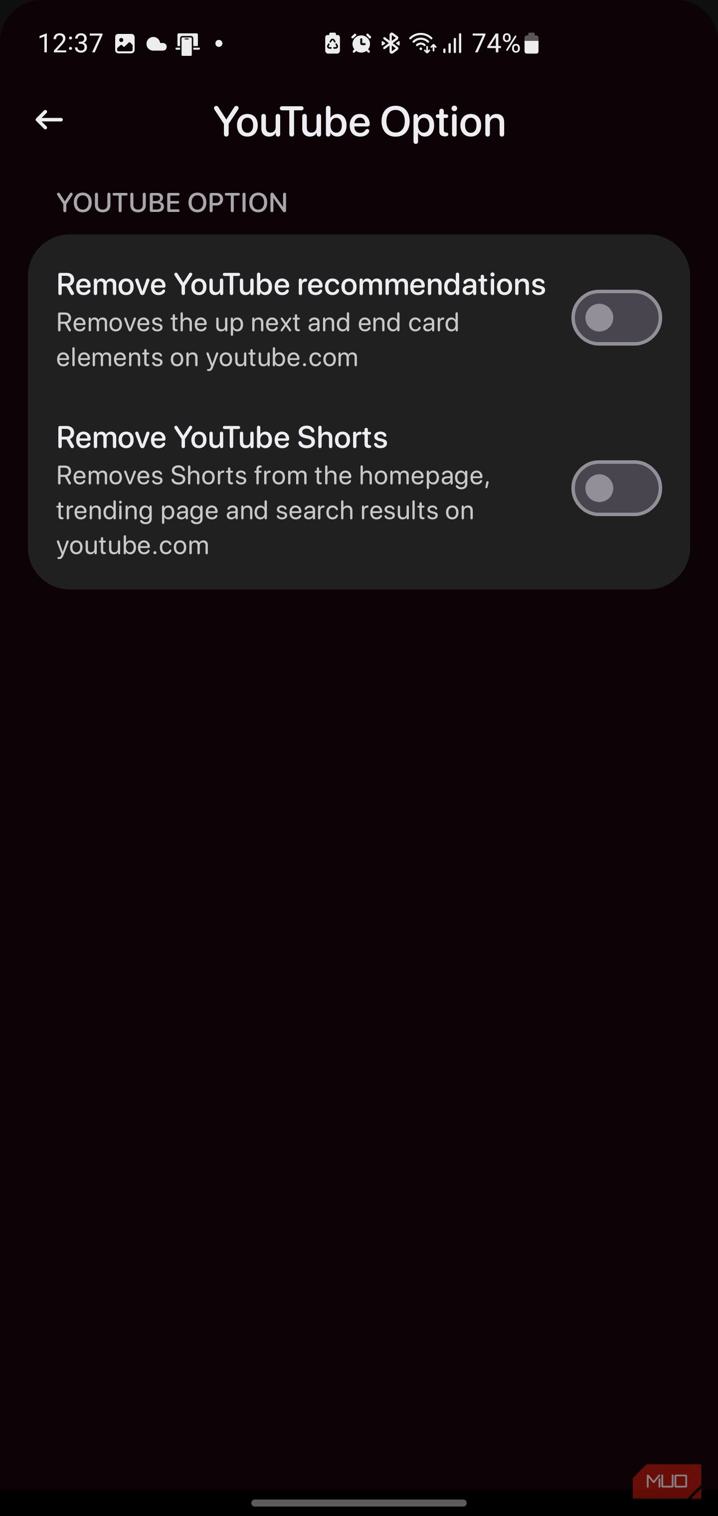 Remove YouTube recommendations and Remove YouTube Shorts toggles.