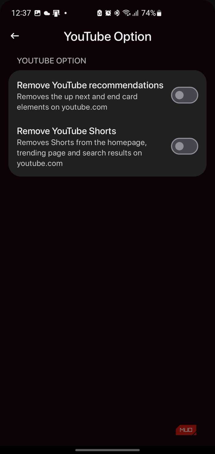 Quetta Browser — приватный браузер для Android с поддержкой расширений Chrome Remove YouTube recommendations and Remove YouTube Shorts toggles.