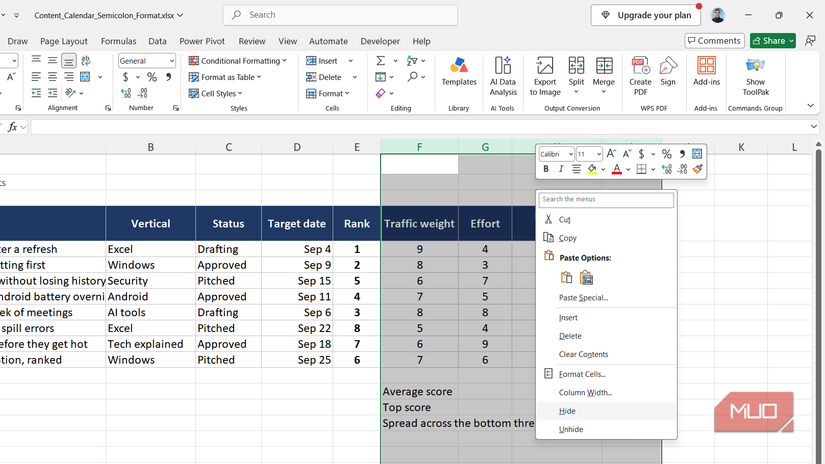 Right-click menu in Excel over a selected range.