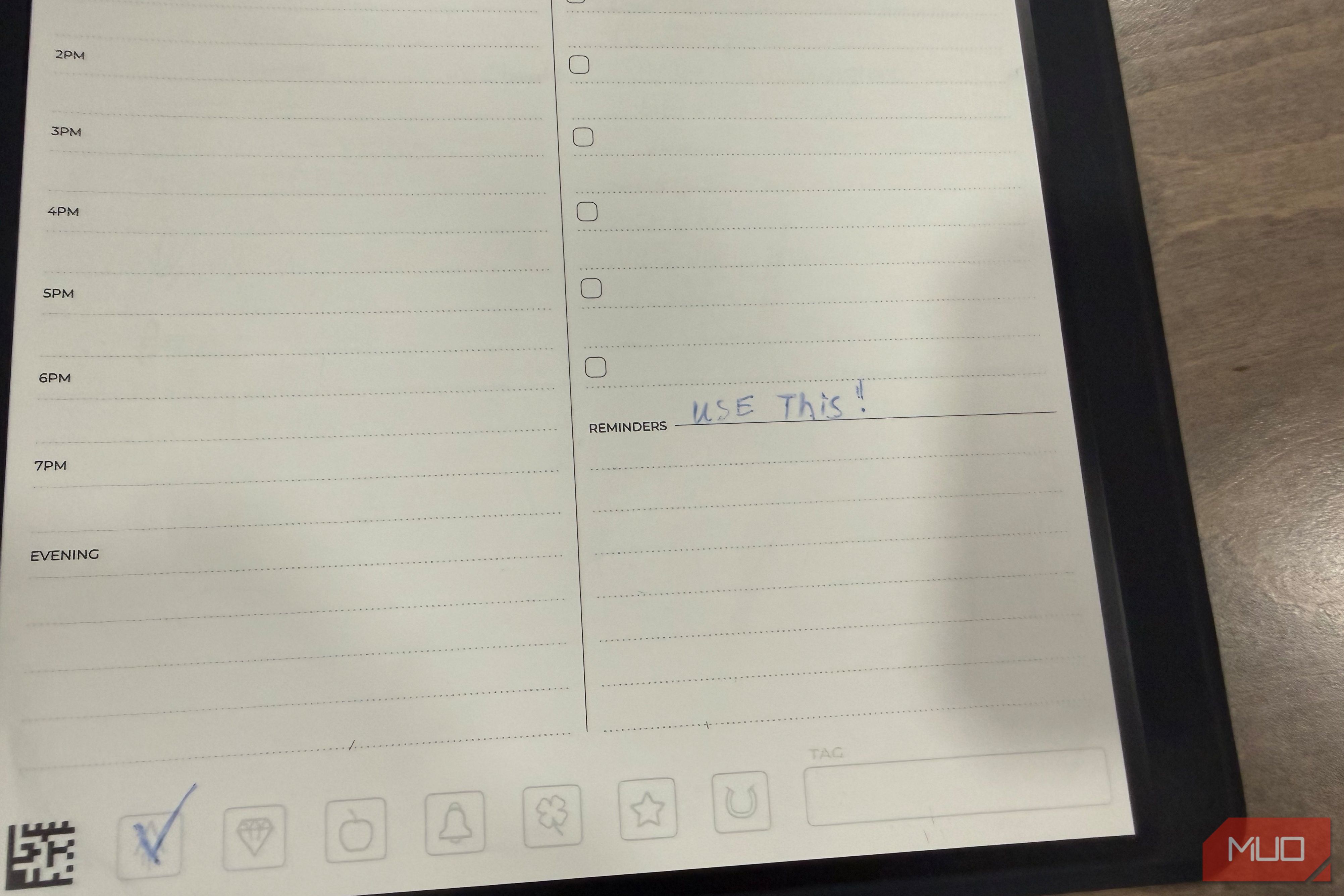 rocketbook pro 2.0 planner page with use this note in reminders section