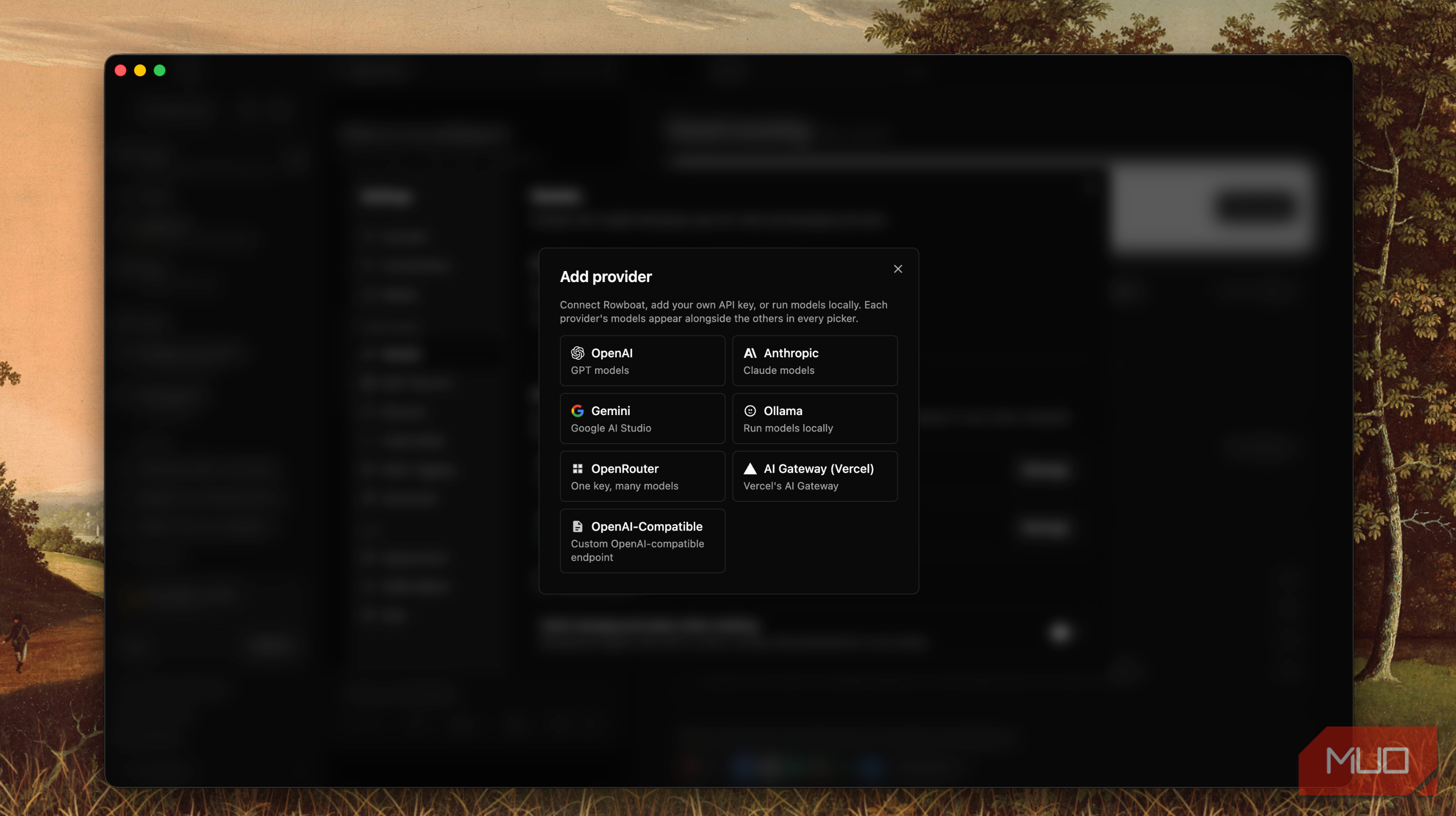 Rowboat Add provider dialog with options for OpenAI, Anthropic, Gemini, Ollama, OpenRouter, AI Gateway, and OpenAI-Compatible