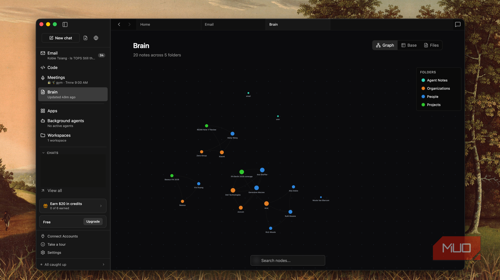 Rowboat Brain graph view showing 20 notes across folders like People, Organizations, and Projects as connected nodes