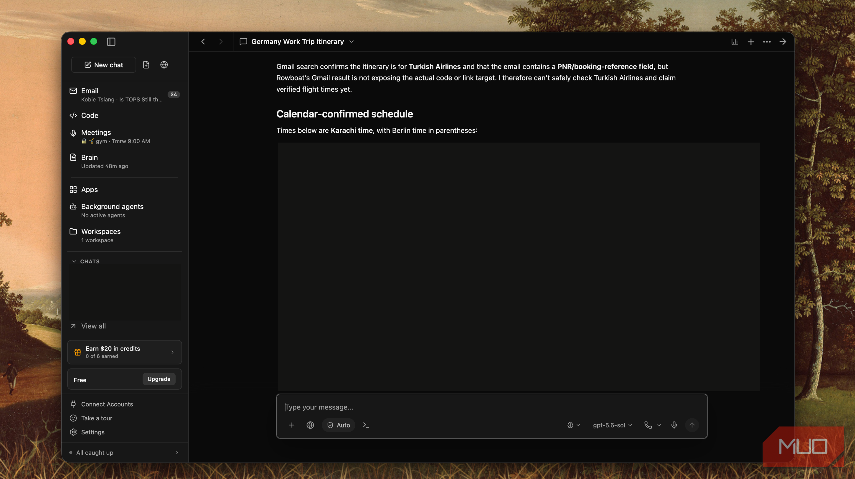 Rowboat chat titled Germany Work Trip Itinerary showing a note about Turkish Airlines booking and calendar-confirmed schedule