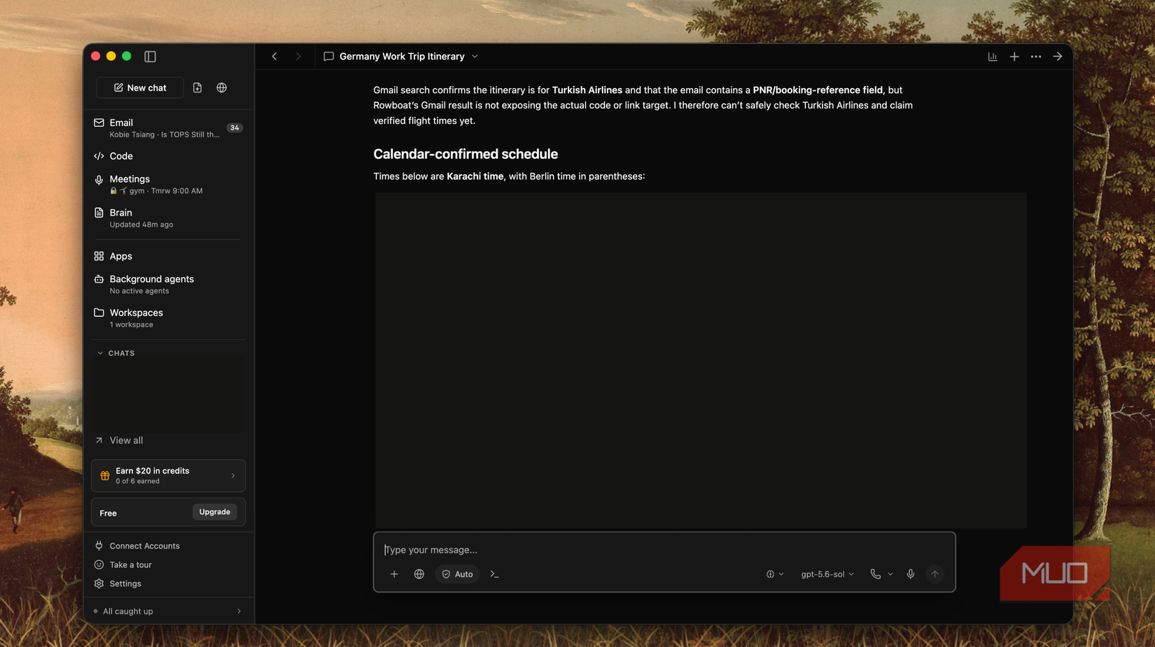 Rowboat chat titled Germany Work Trip Itinerary showing a note about Turkish Airlines booking and calendar-confirmed schedule