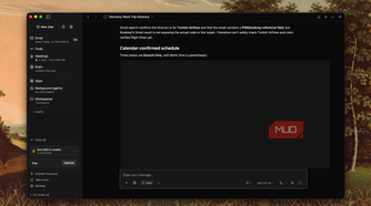 Rowboat chat titled Germany Work Trip Itinerary showing a note about Turkish Airlines booking and calendar-confirmed schedule